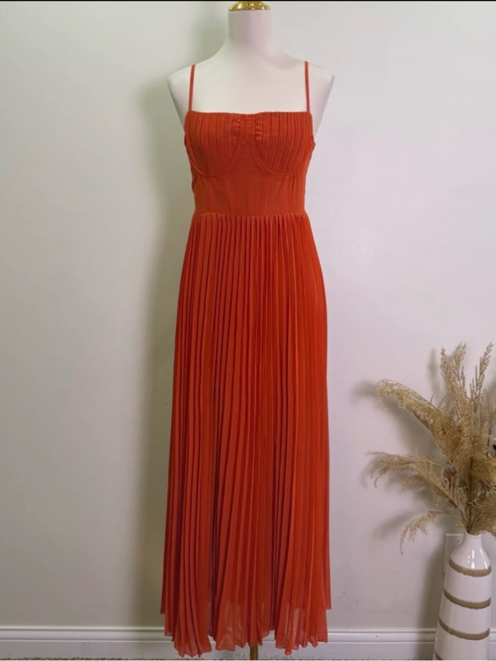 Red Pleated Long-Sleeve (Spaghetti Strap) Maxi Dress